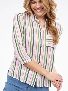 NEW Striped 3/4 Sleeves Shirt White Green Pink and silver Threads Size M